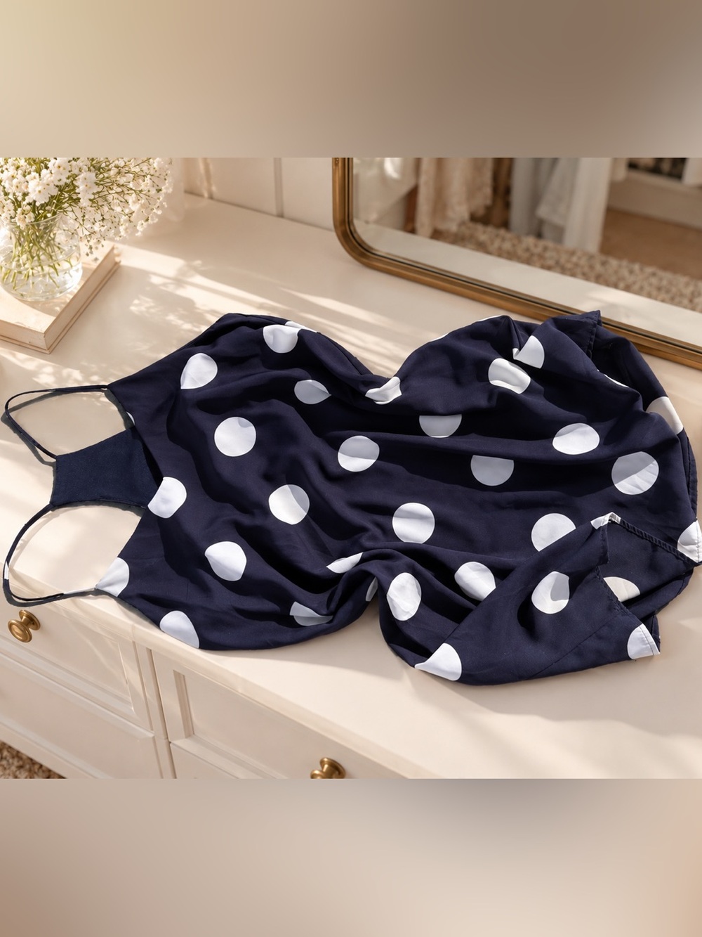 Navy & White Polka Dot Satin Sleep Dress